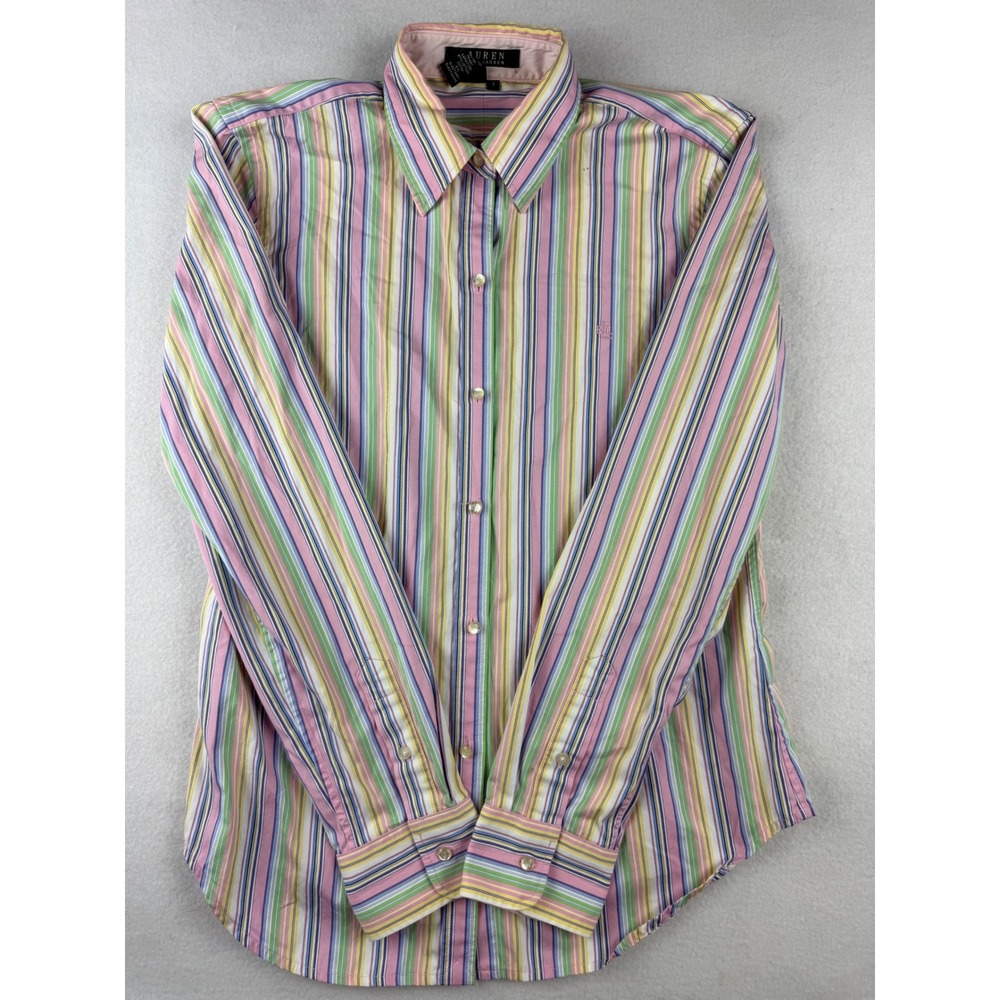 Lauren Ralph Lauren Womens Pink Multi Stripe Cotton Button Down Shirt Small